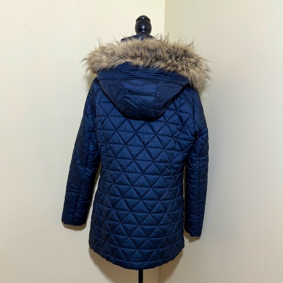 Marc New York Womens Chevron Quilted Down Jacket/Removable Faux Fur Hood L Navy - Picture 4 of 13